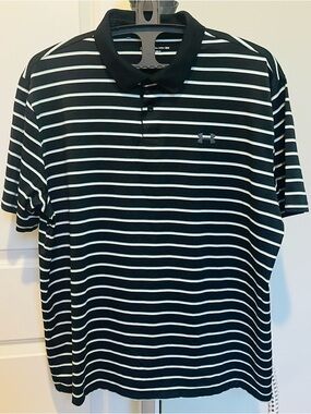 Under Armour Mens Black teal Wh.Striped  Polo Golf Shirt Size 2X Loose Heat Gear